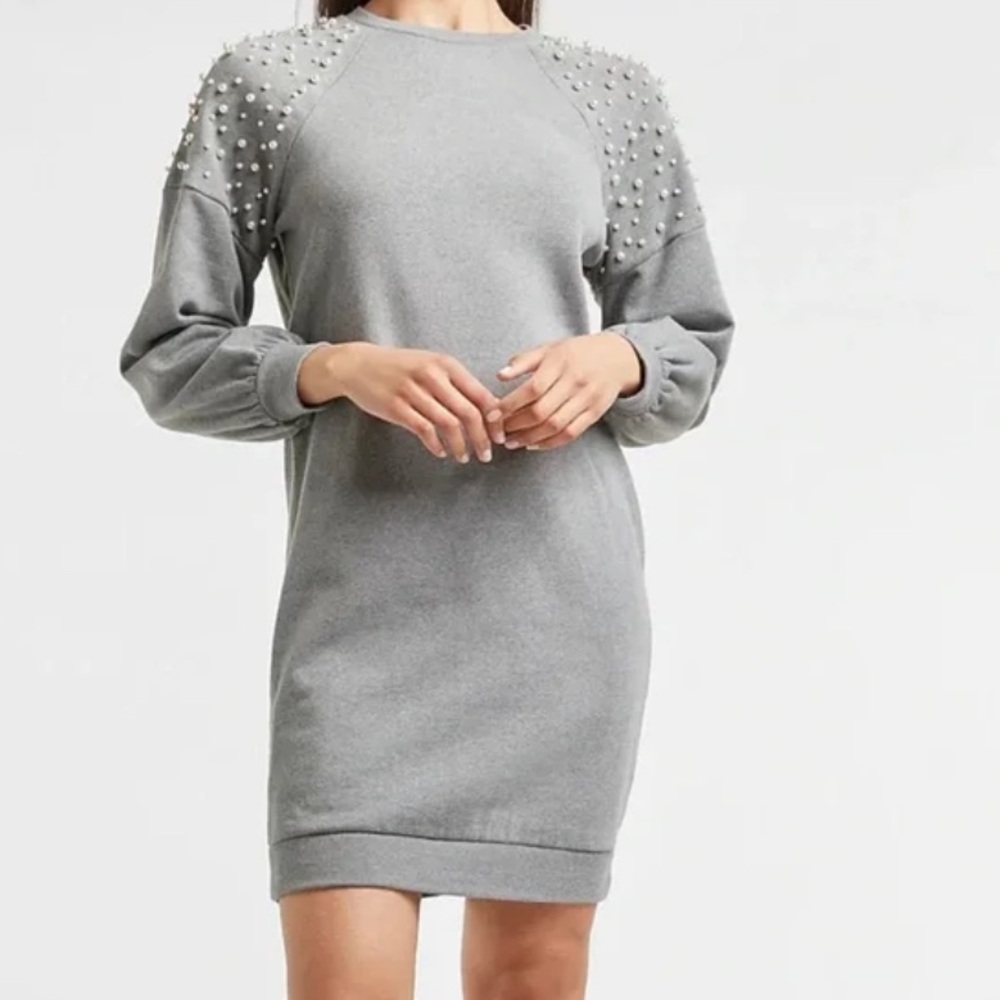 Express Gray Sweater Long Sleeve Pearl Embellished Dress  Medium Oversized $88